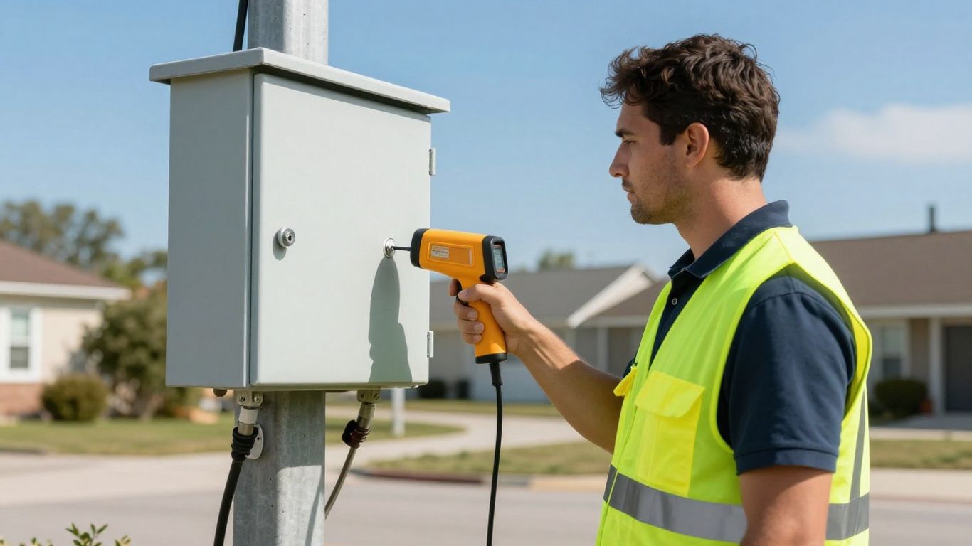 Utility technician assessing grid equipment