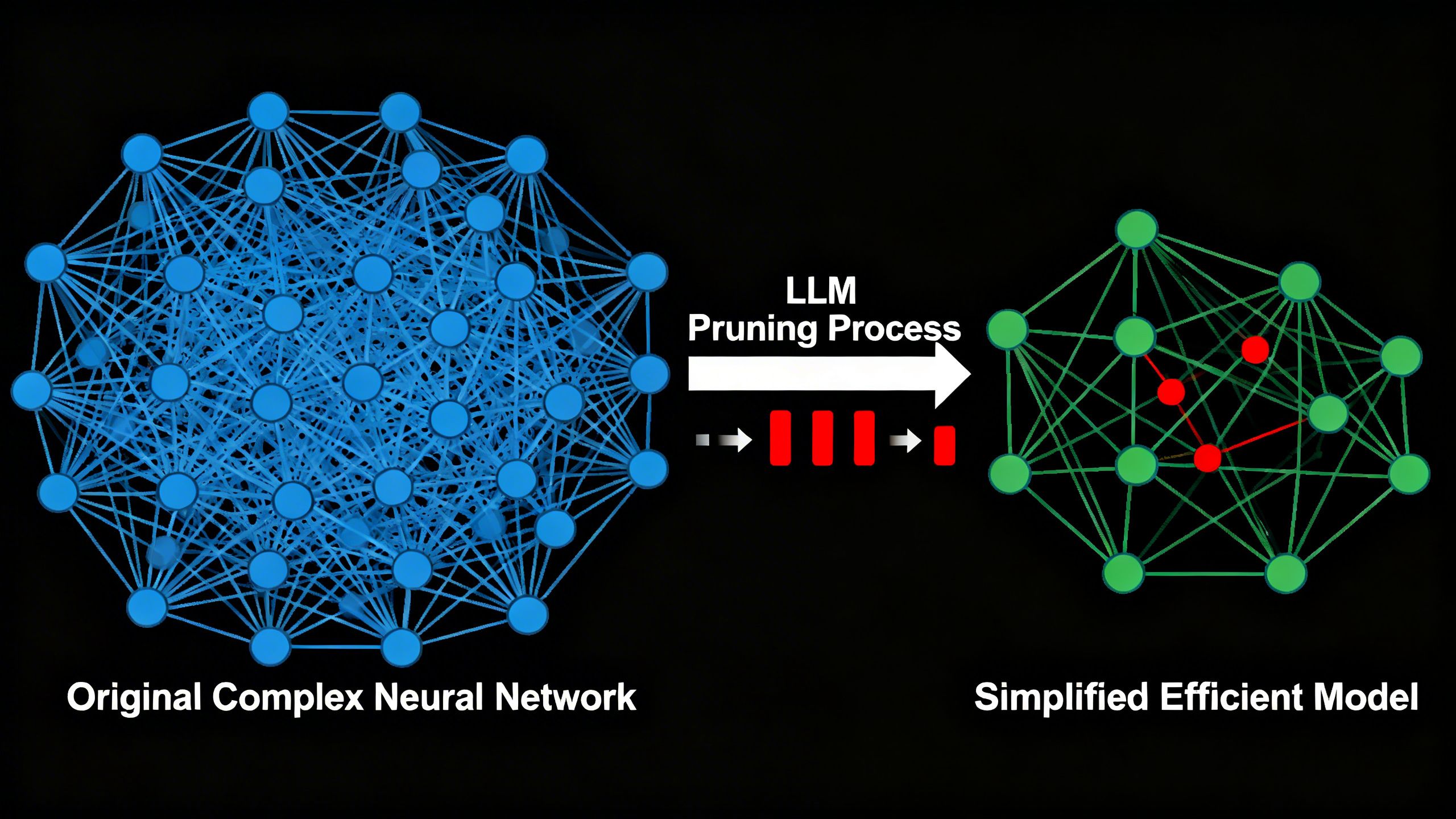 A diagram showing a large, complex neural network being simplified through LLM pruning, resulting in a faster, more efficient model.