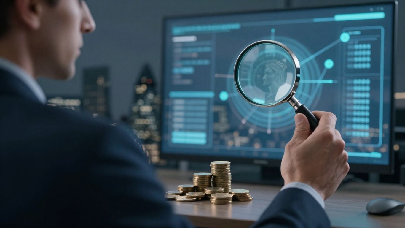 UK business owner contemplating SEO costs with coins and data.