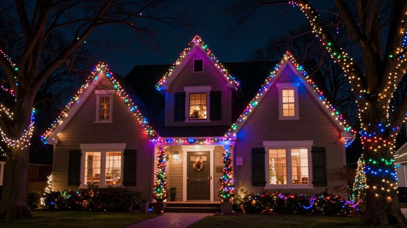 House decorated with colorful Christmas lights at night.