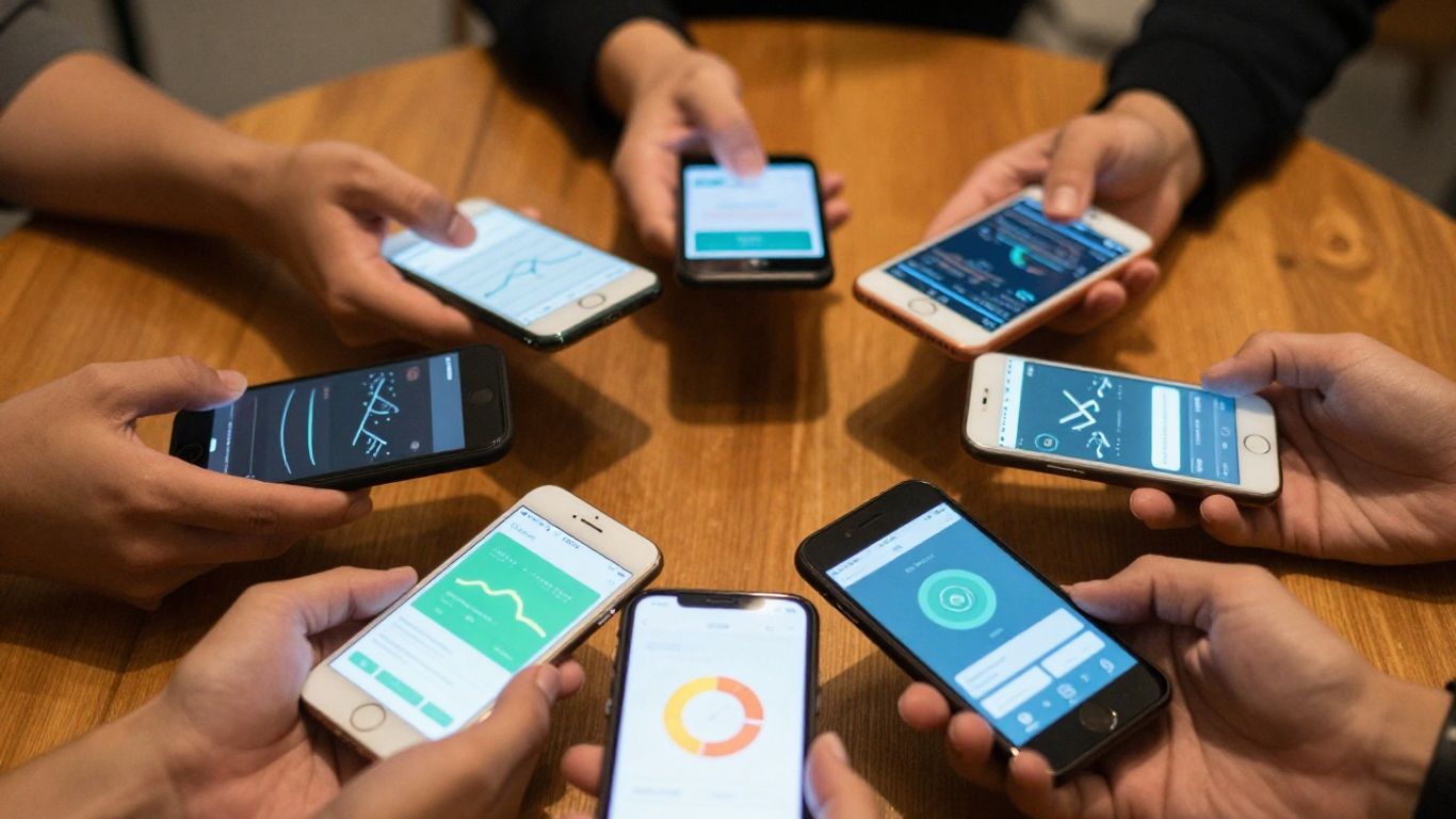 Digital devices displaying group fitness progress