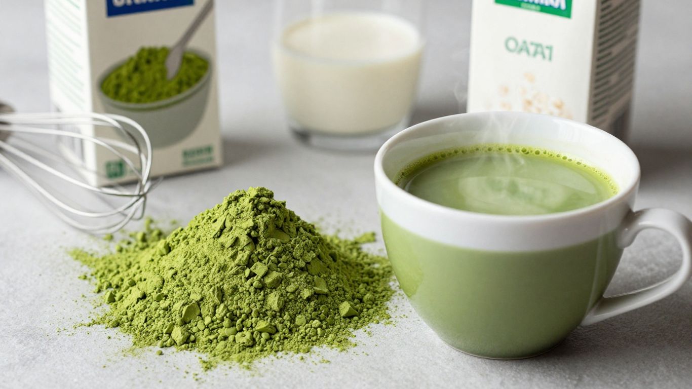 Matcha powder, whisk, and dairy-free milk alternatives.
