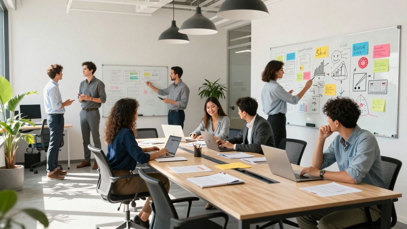 Team collaborating in a bright, modern office space.