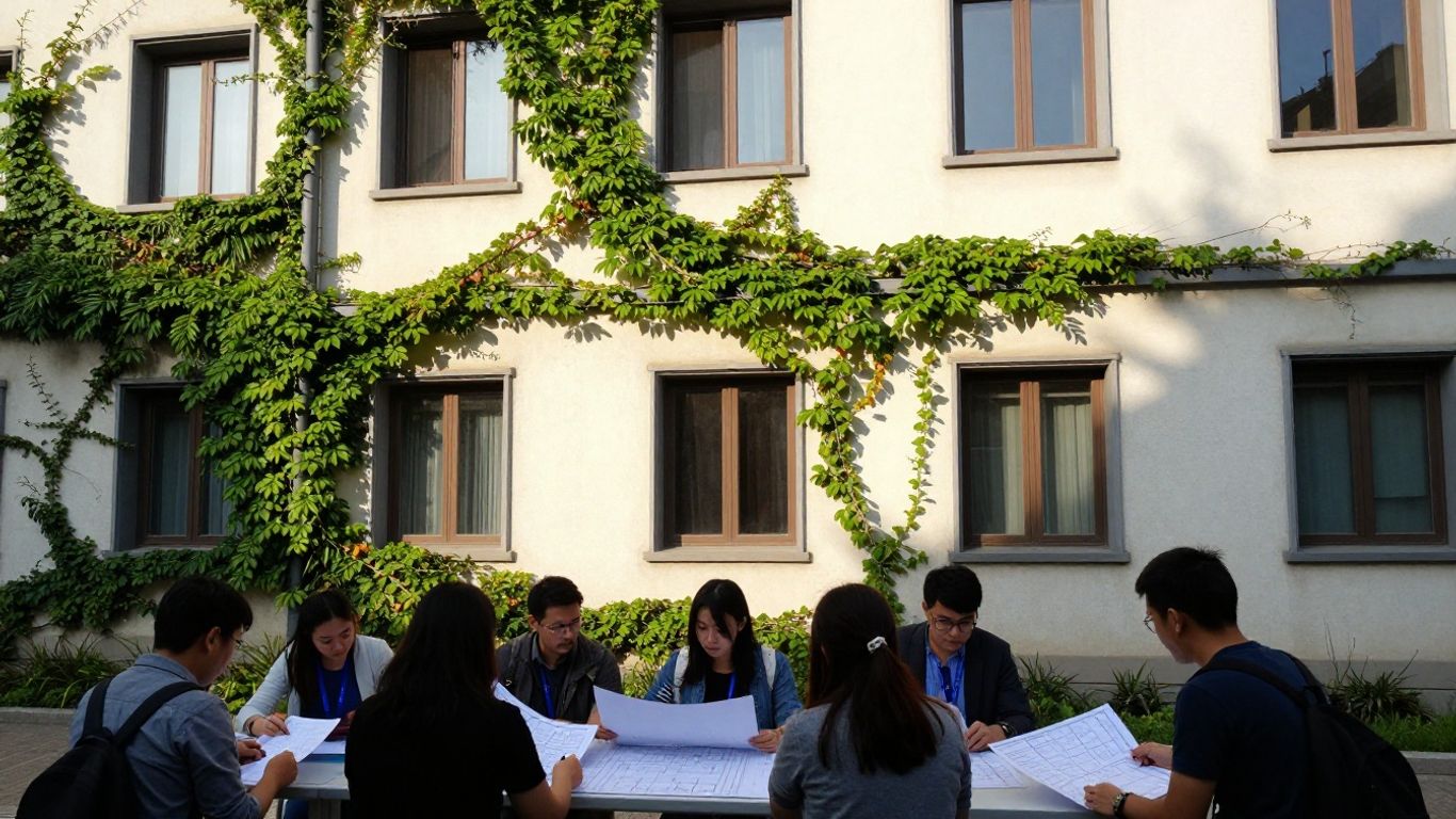 Building retrofit with people discussing plans.