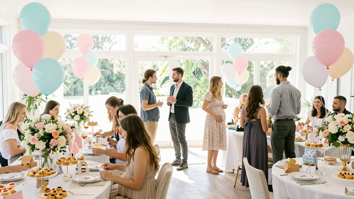 Elegant baby shower venue with balloons, flowers, and happy guests.