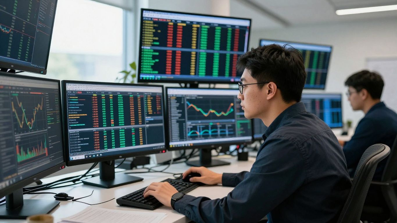 Trader focused on multiple screens in a sunlit room.