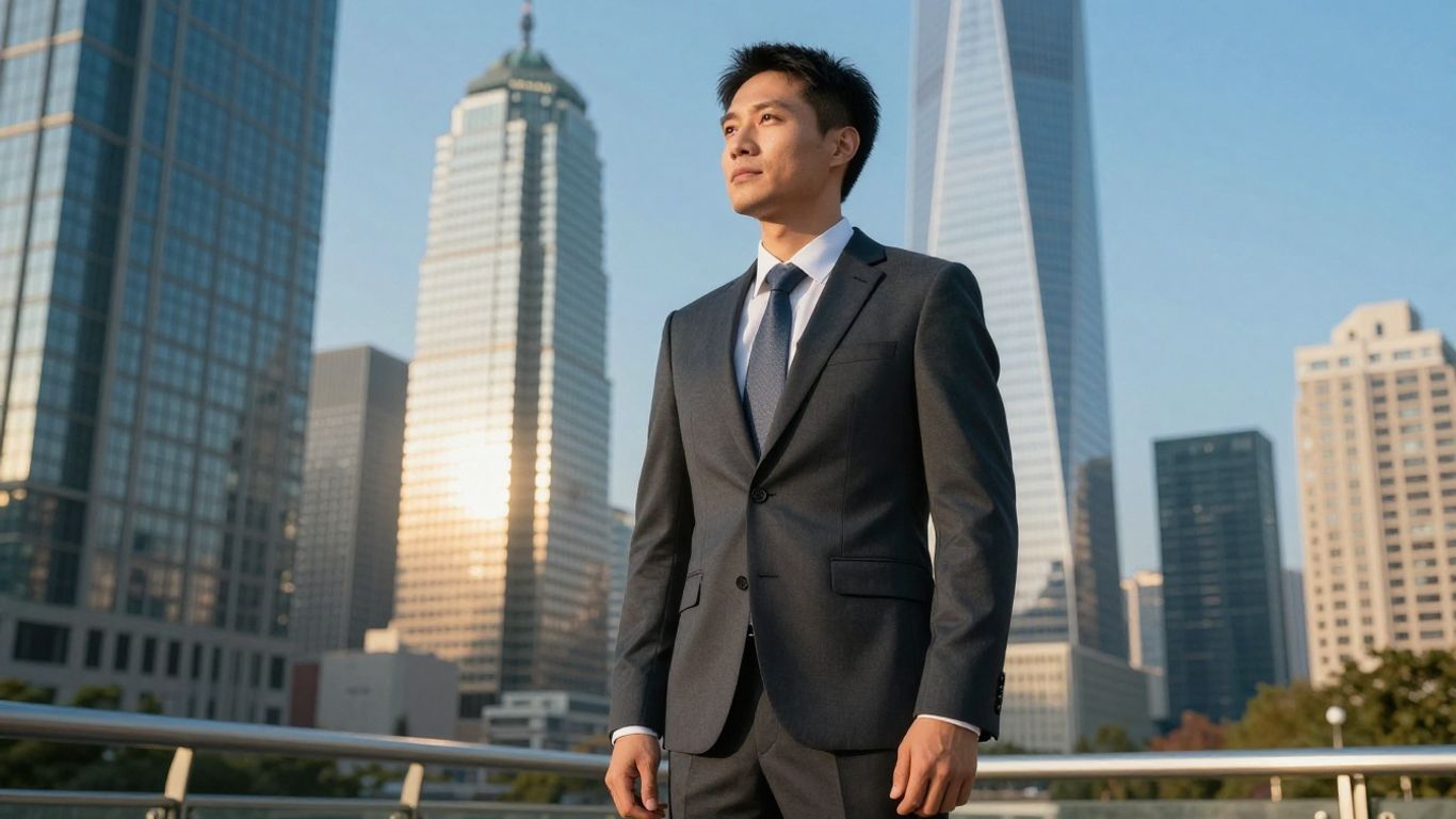 SaaS executive overlooking city, symbolizing growth and future.