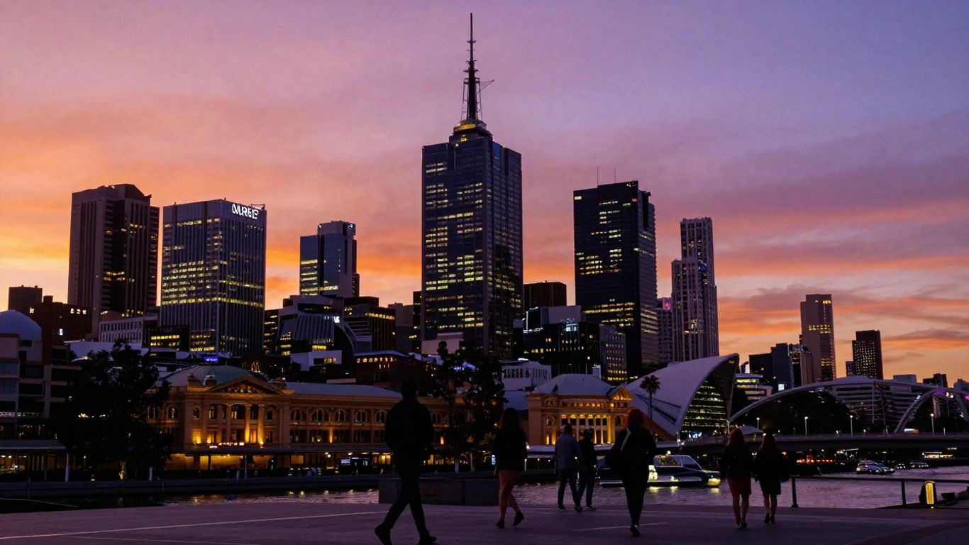 Melbourne skyline at dusk with people walking by the river.