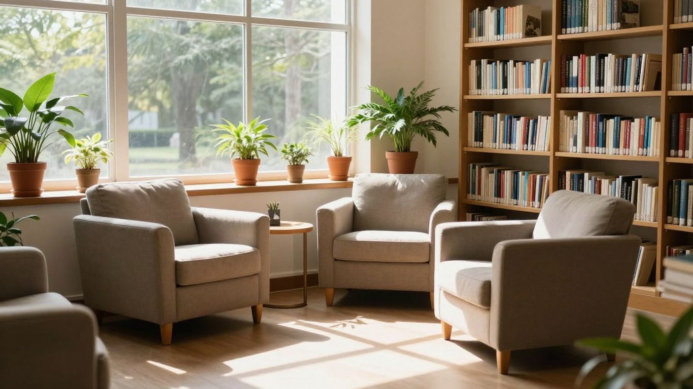 Quiet library corner with armchairs and bookshelves.