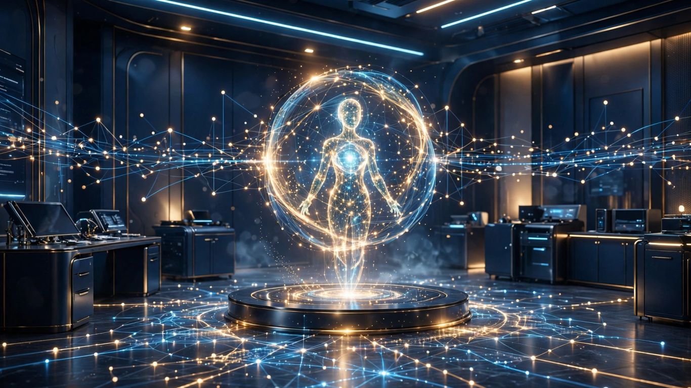 AI marketing assistant in a sleek, illuminated digital workspace