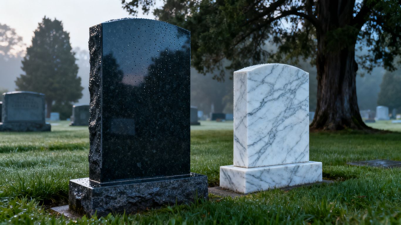 Weathered granite and marble memorials outdoors