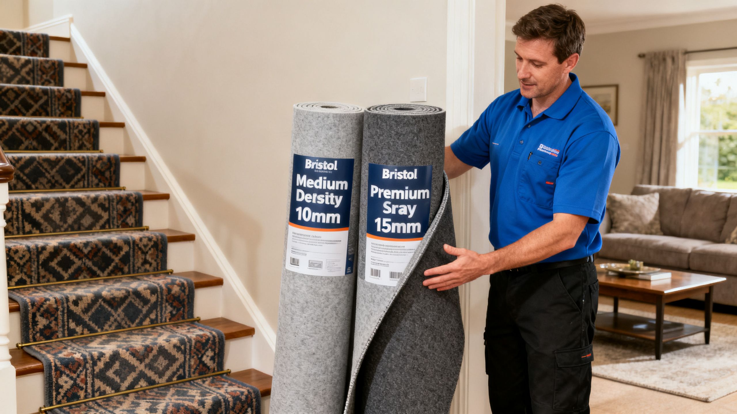 A Bristol carpet fitter comparing medium-density and premium underlay rolls beside a carpet sample, with stairs and a living room visible in the background