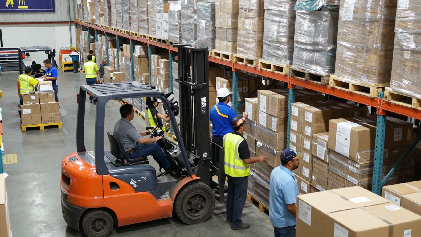 Distribution center workers rushing to meet shipping deadlines.