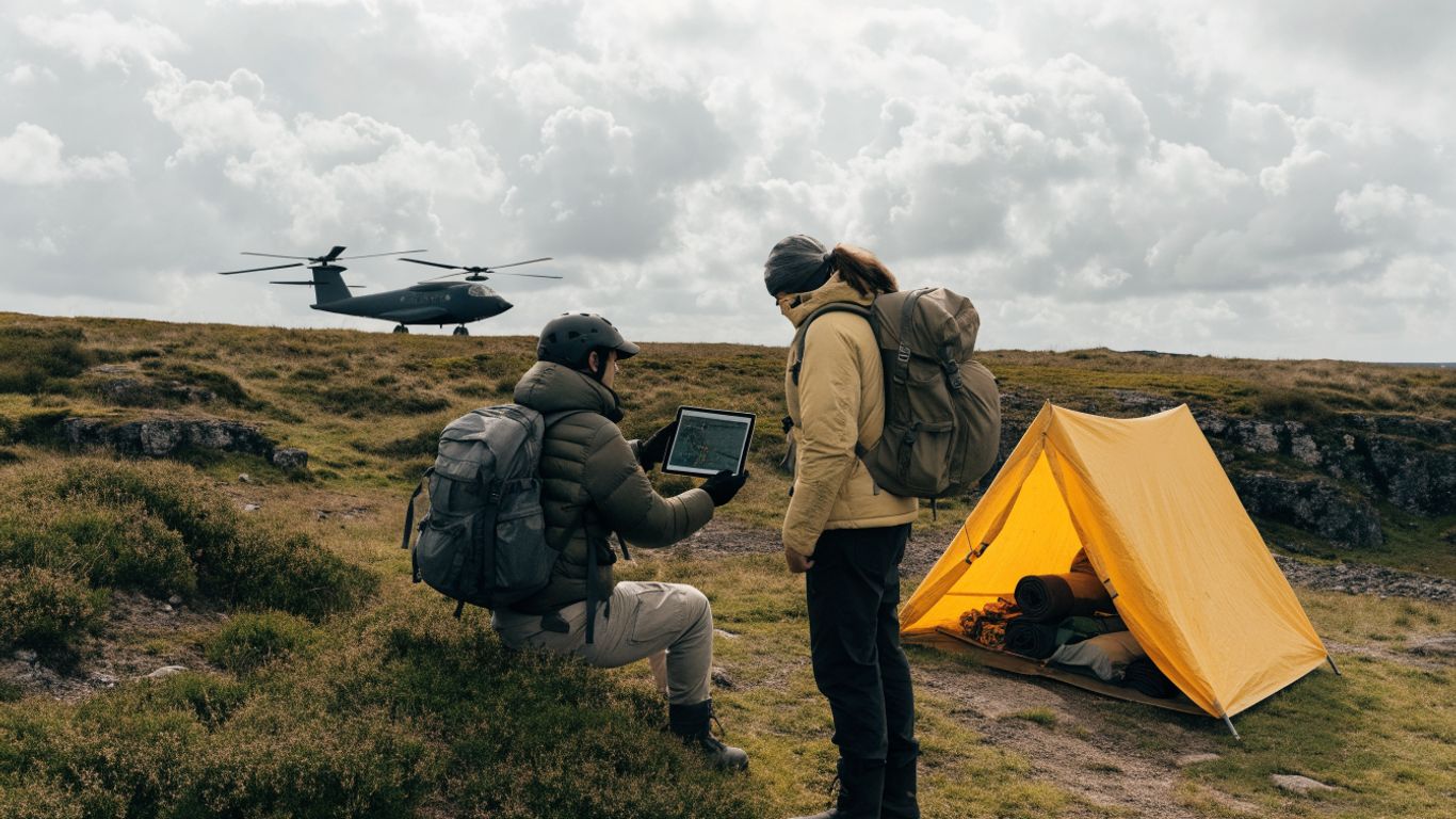 Mission planners reviewing an aerial route outdoors
