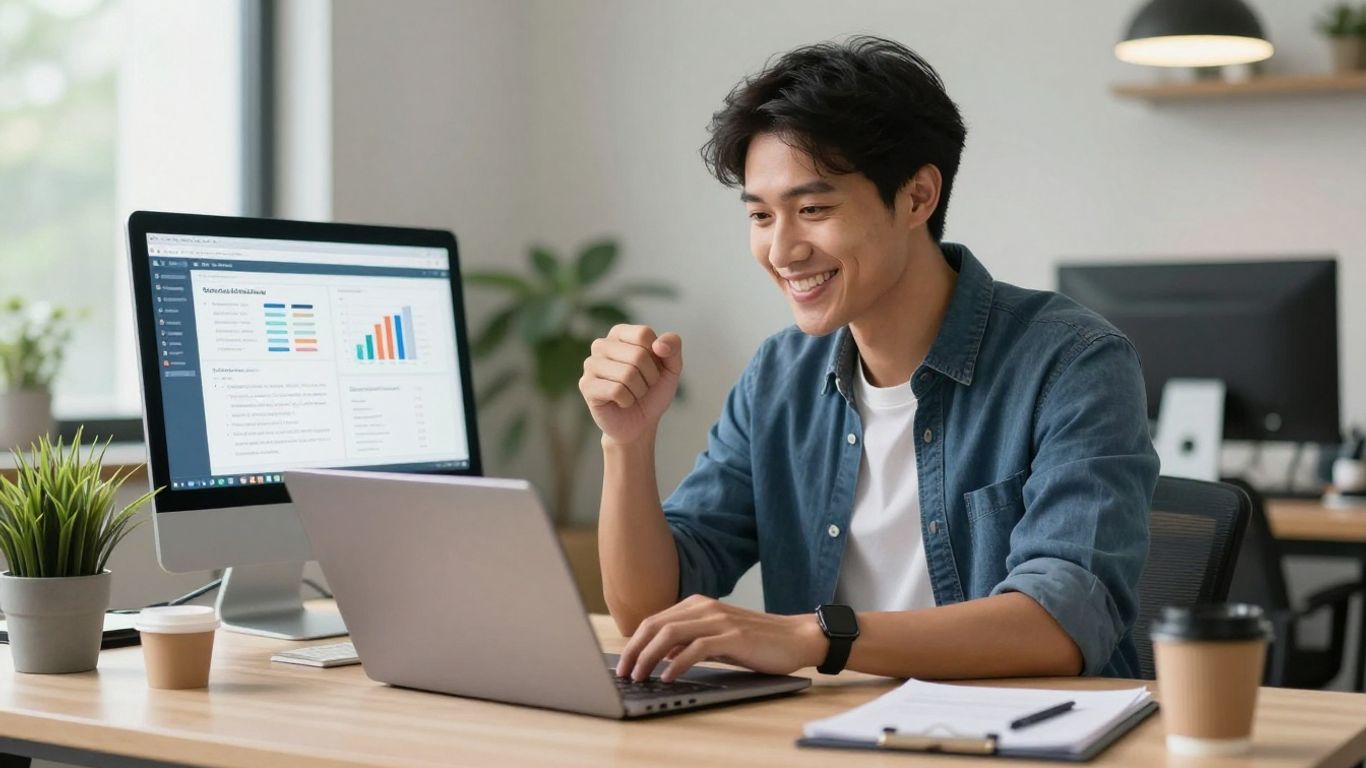 Marketer analyzing results at laptop in bright office