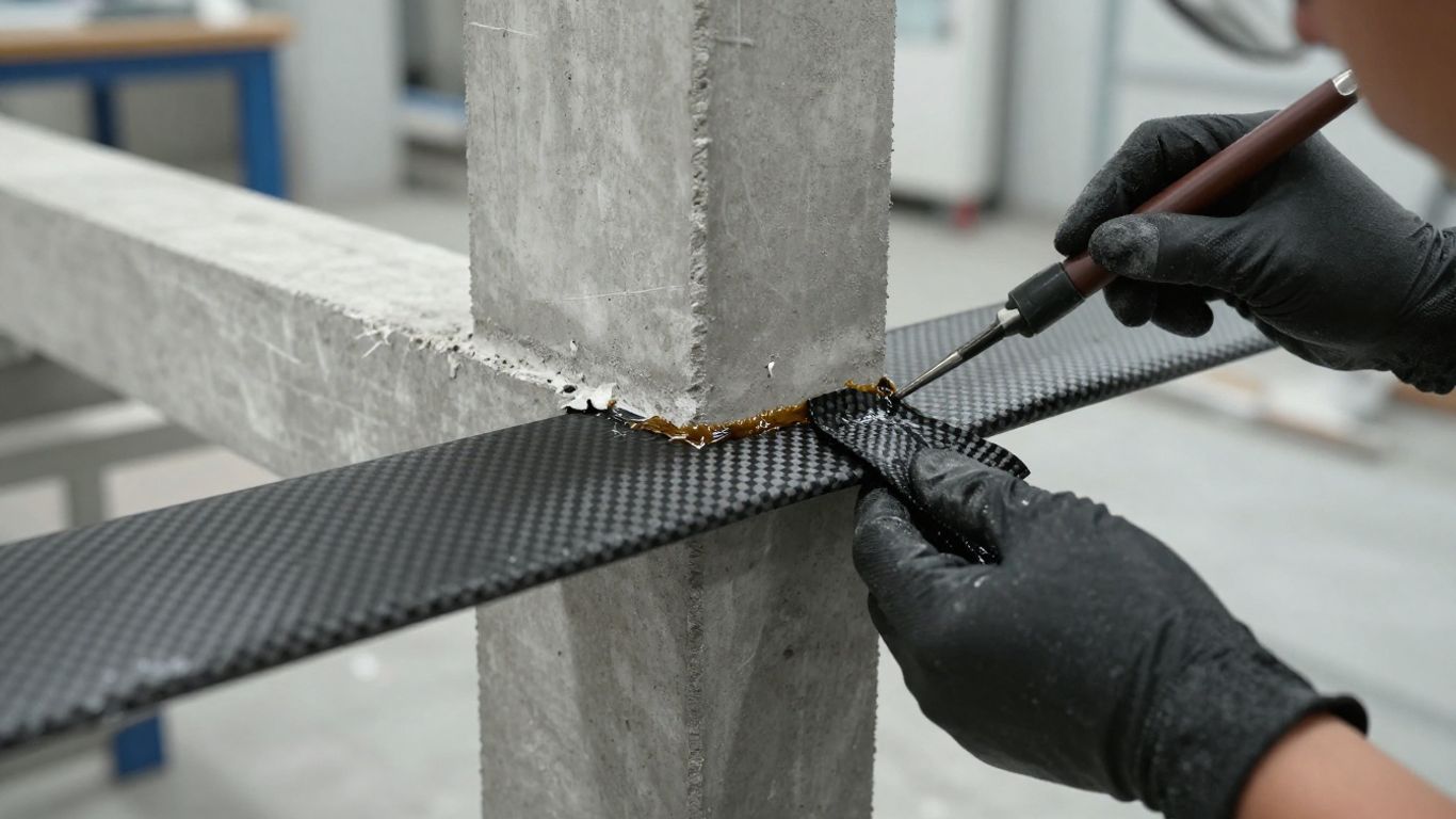 Modern structural reinforcement applied to a steel column.