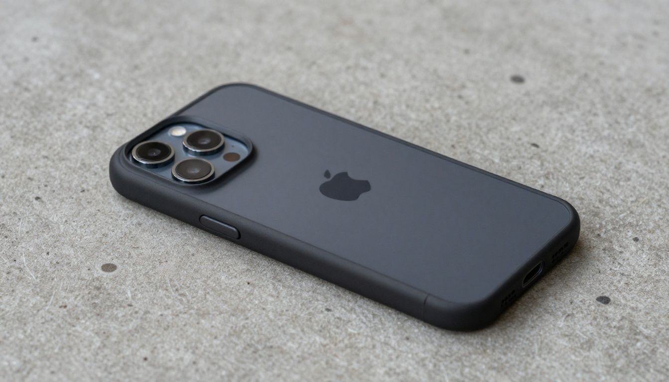 A person accidentally fumbling their iPhone 14 Pro Max, which is protected by a sturdy case, as it falls towards a concrete pavement.