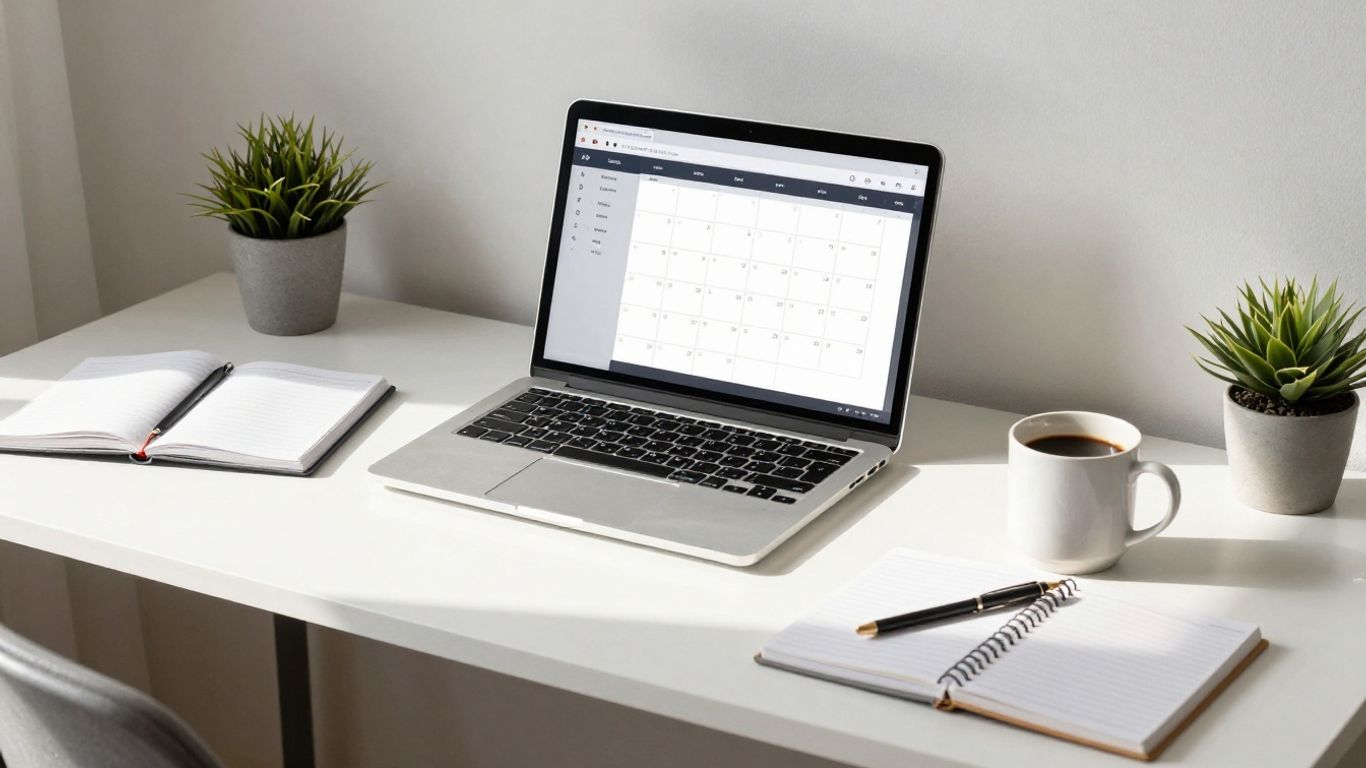 Organized desk with calendar on laptop screen.