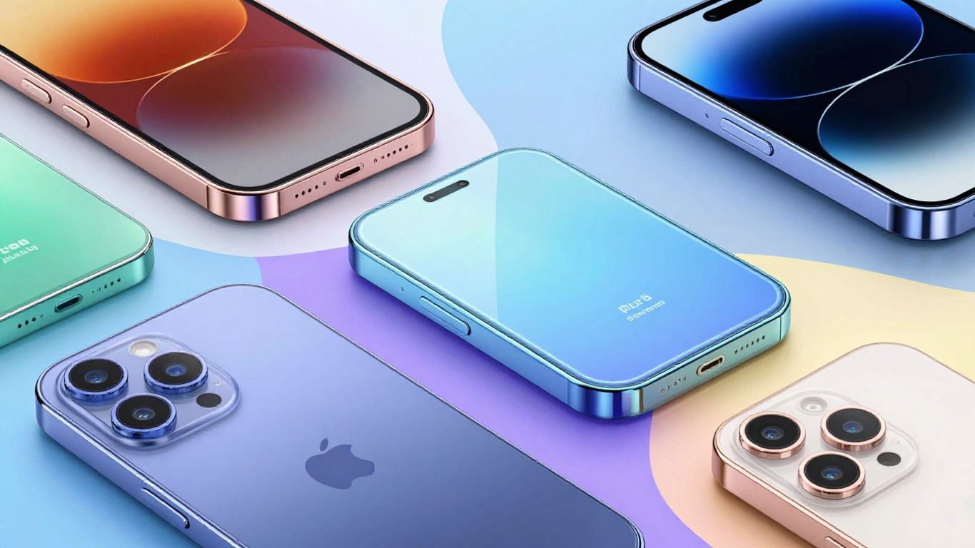 Collage of new smartphones with glowing screens and advanced cameras.