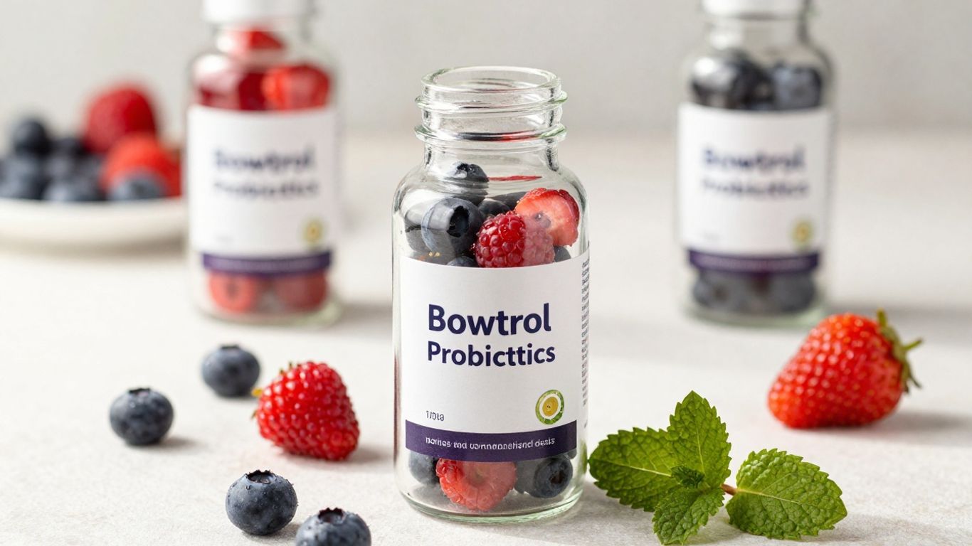 Bowtrol Probiotics bottle with berries and mint.