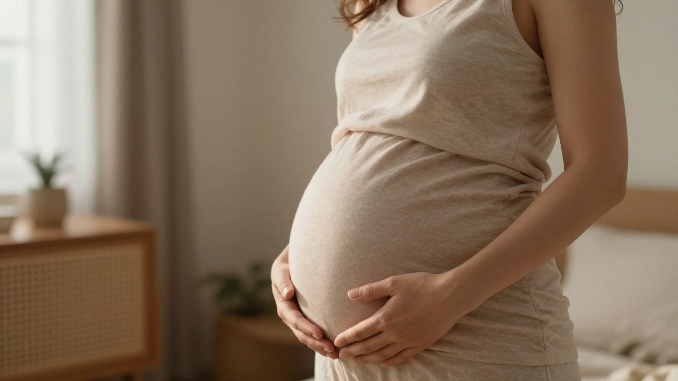 Mujer embarazada tocando su vientre en la semana 22.