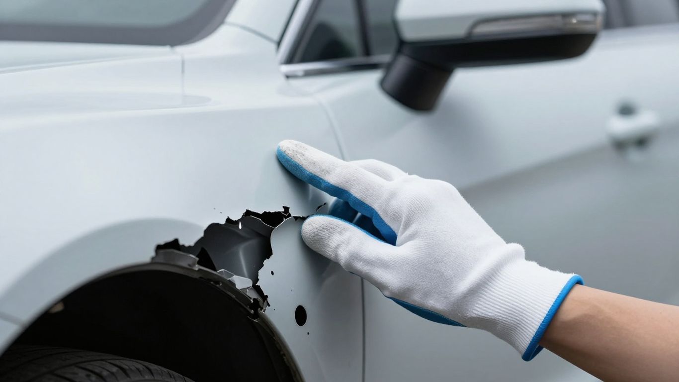 Beschädigtes Leasing-Fahrzeug nach Unfall, Gutachter inspiziert Schaden.