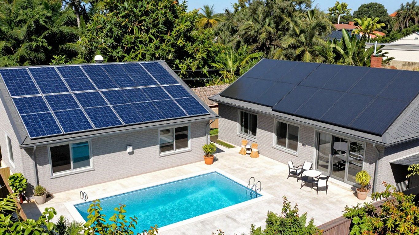 Piscine avec panneaux solaires thermiques et photovoltaïques