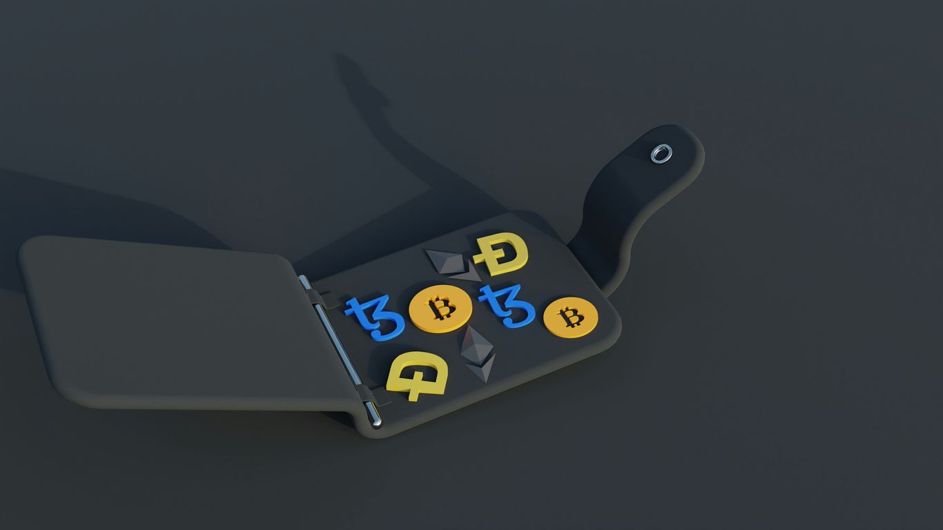 Digital wallet displaying various cryptocurrency icons and symbols.