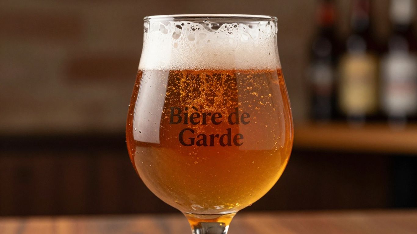Glass of amber Bière de Garde beer with frothy head.