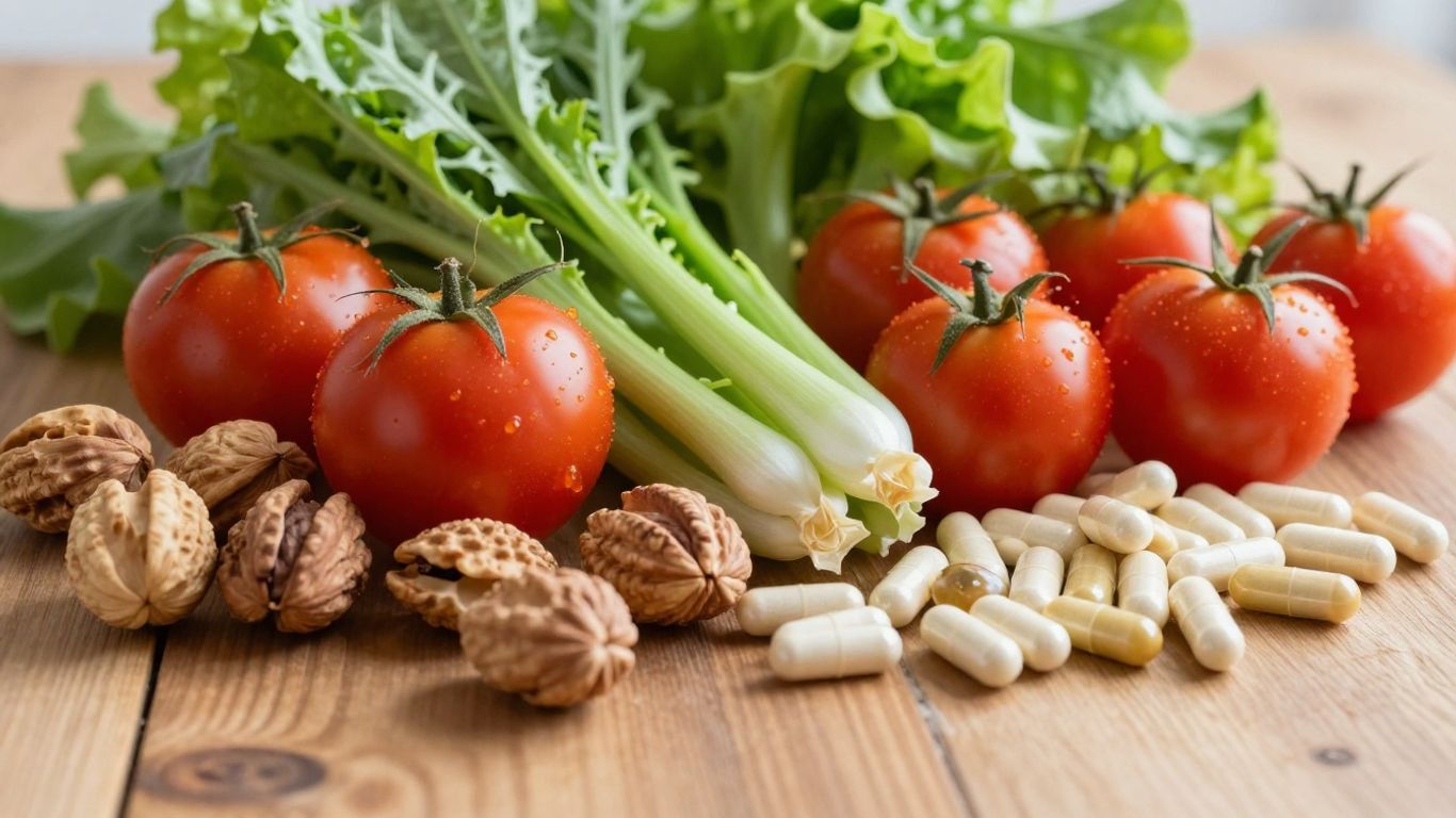 Fruits, vegetables, nuts, and vitamin capsules on table