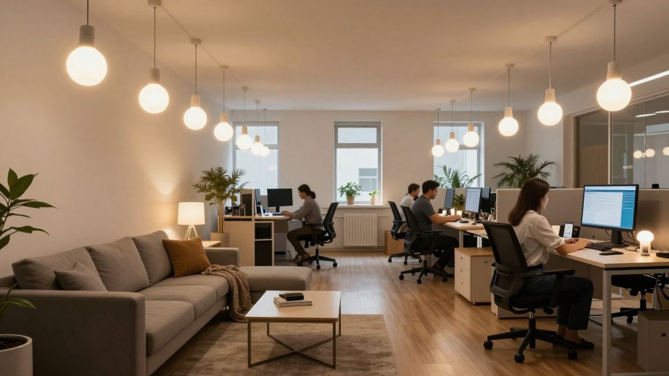 Smart lights in home and office, saving energy.