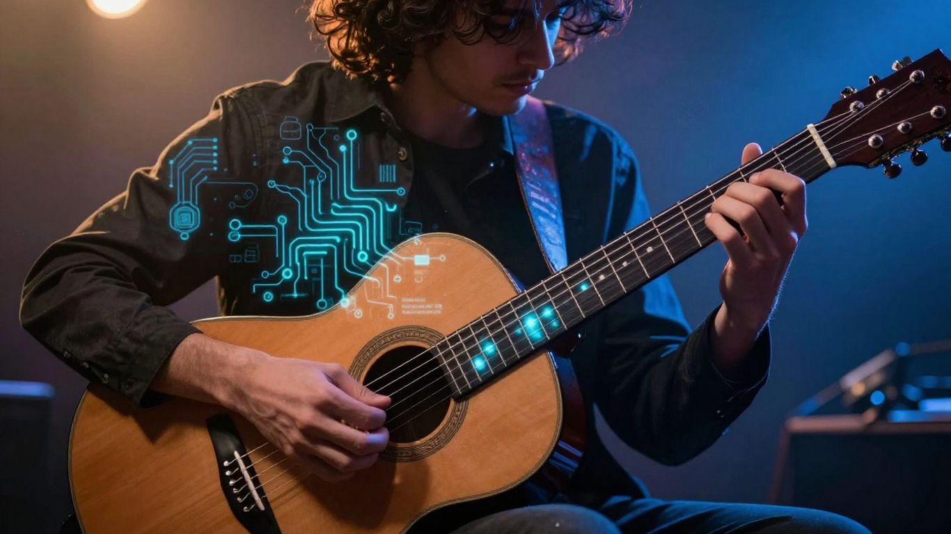 Musician playing guitar with AI elements.