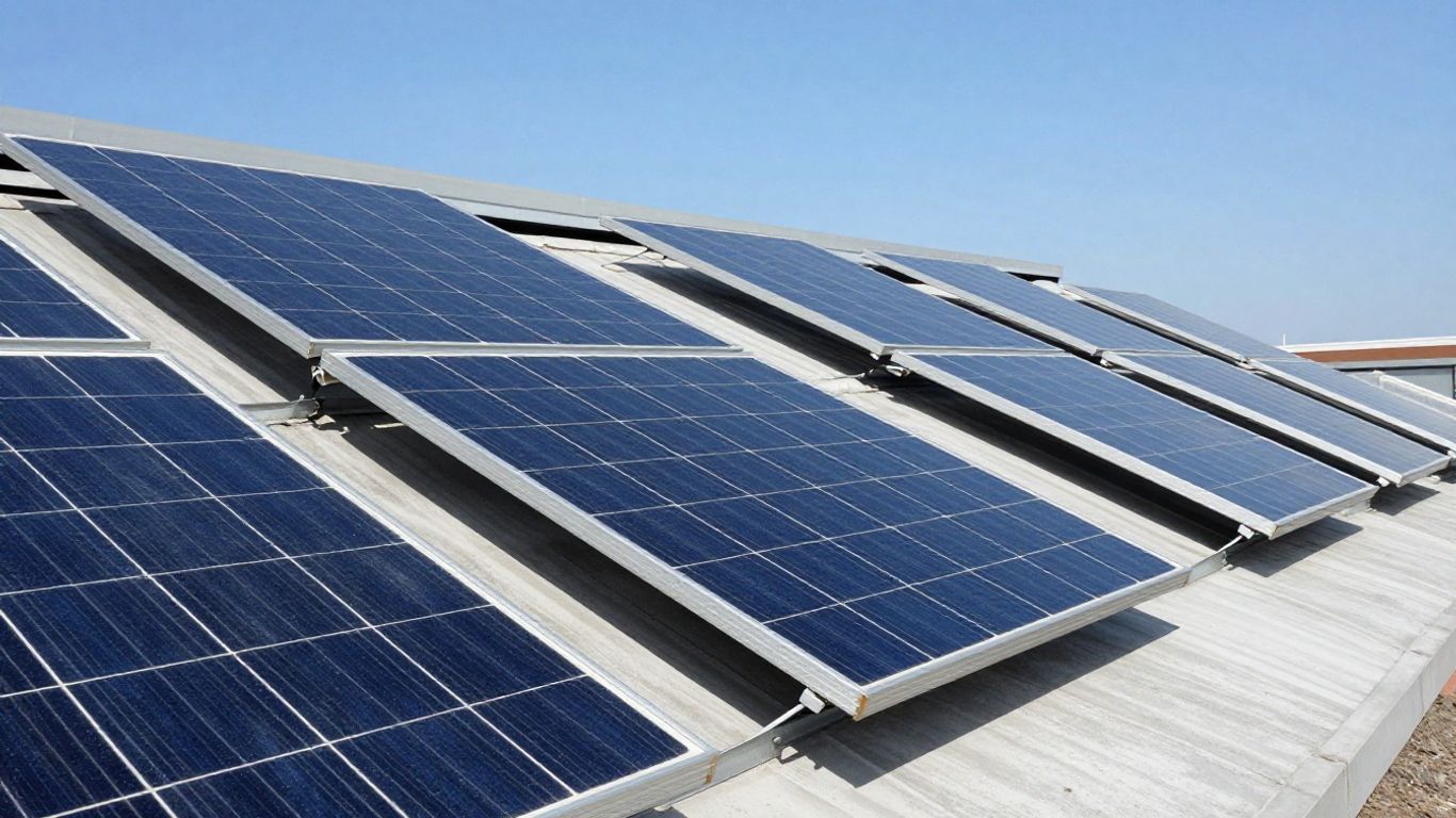 Panneaux solaires sur un toit sous un ciel bleu.