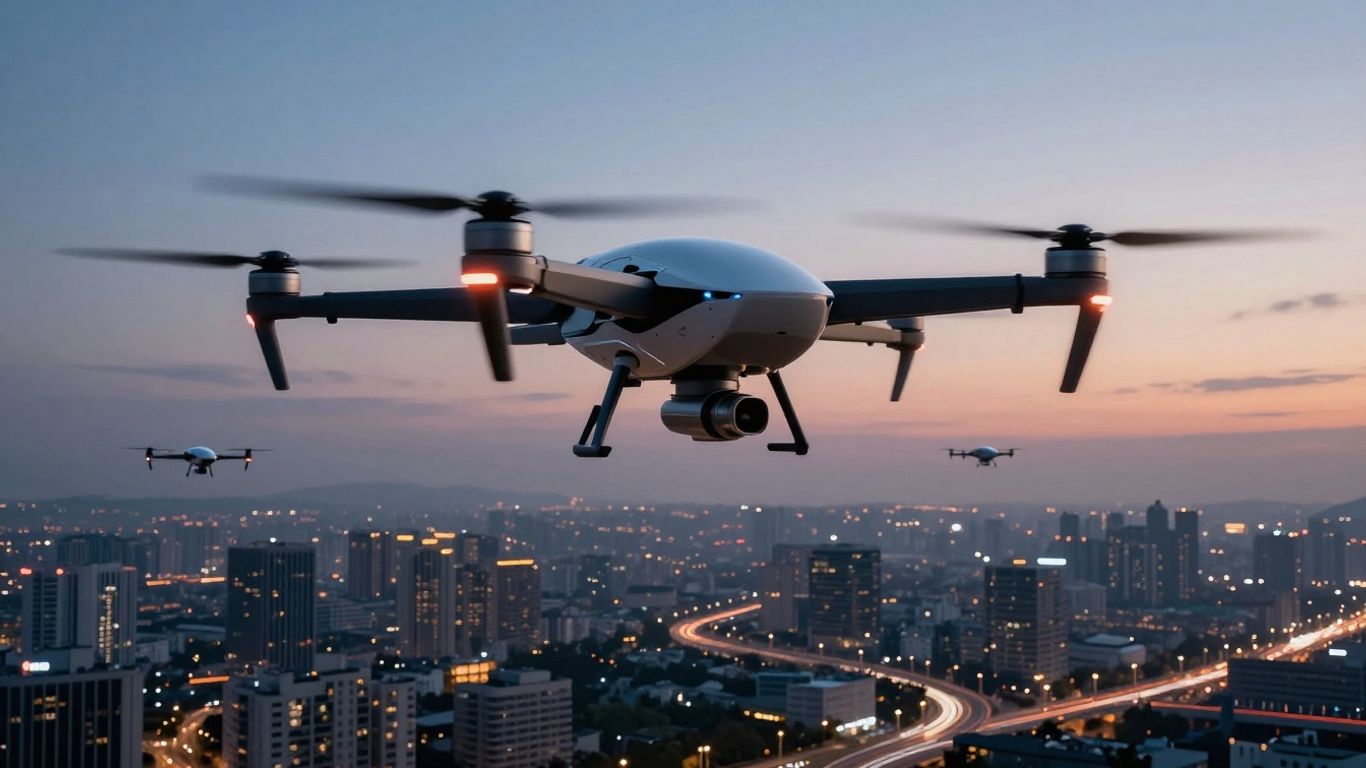 Futuristic drone navigating a city skyline at dusk.