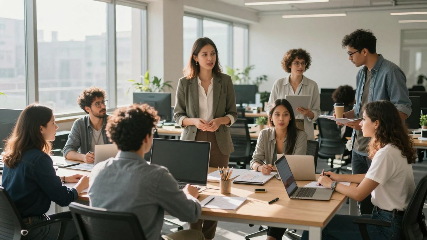 Business people discussing growth strategies in a bright office.