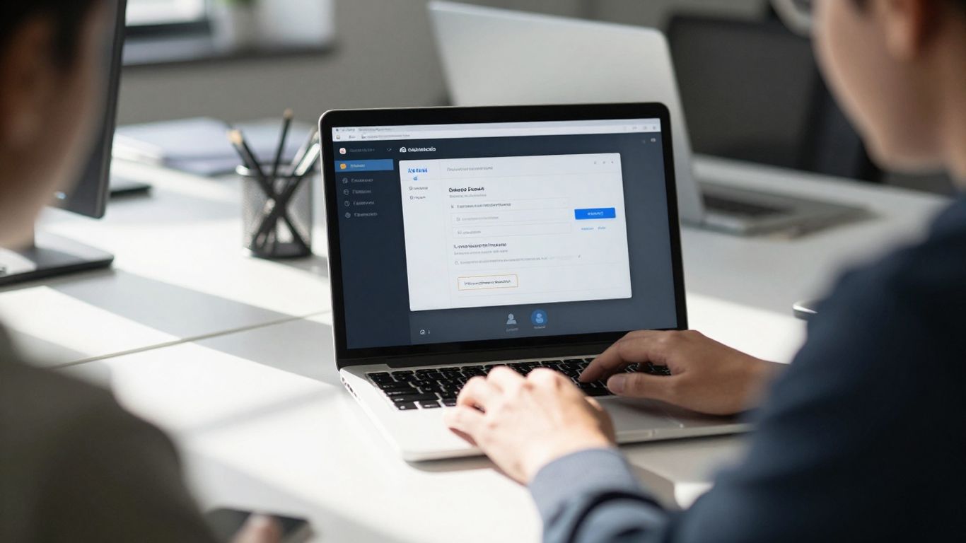 Person using laptop in a bright, modern office.