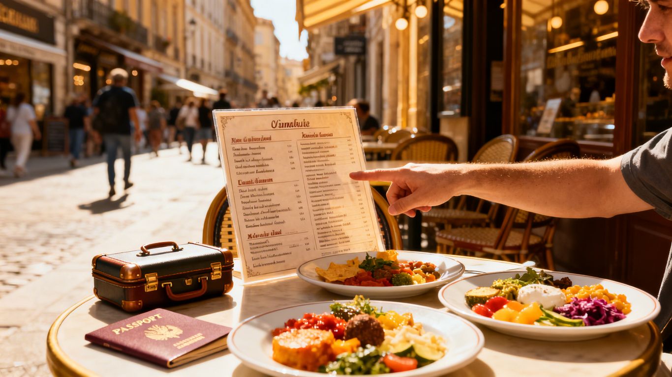 Traveler reading a foreign menu with food and passport.