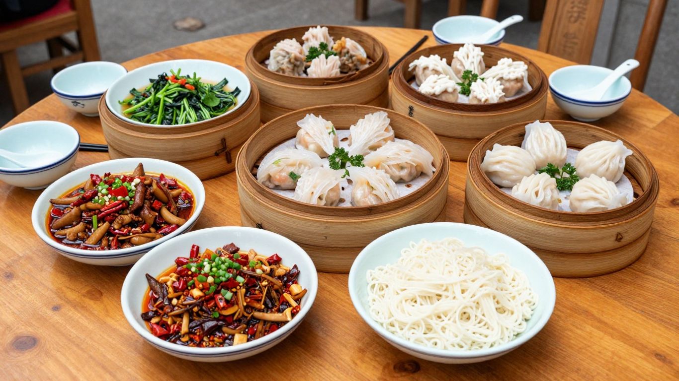 Colorful regional Chinese dishes on a dining table