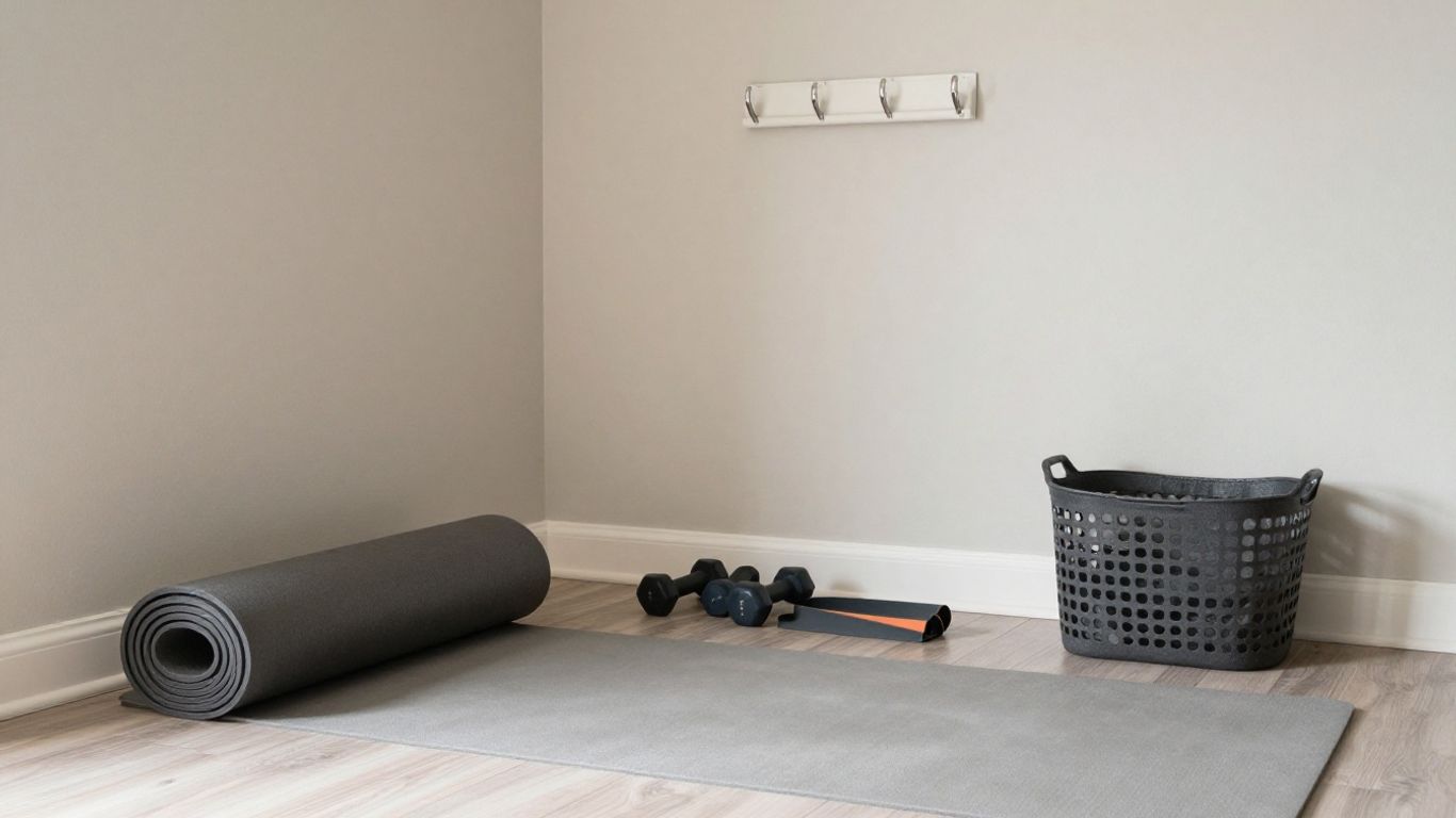 Compact home workout area beside a living space