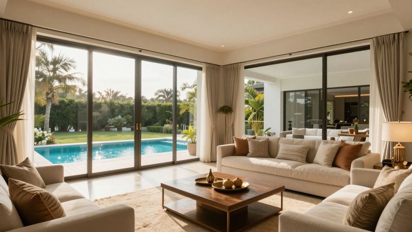 Luxurious Airbnb interior with pool view