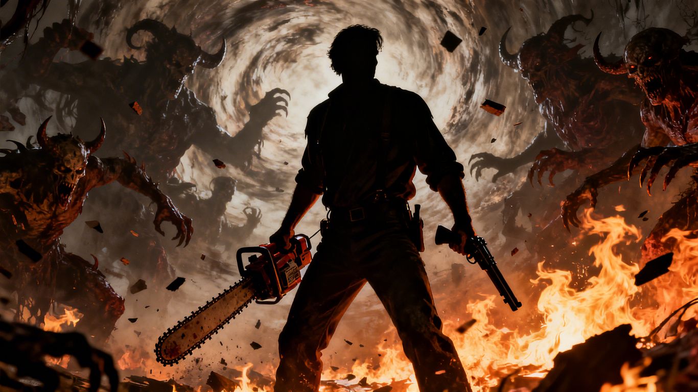 Ash Williams with chainsaw and boomstick, facing demonic chaos.