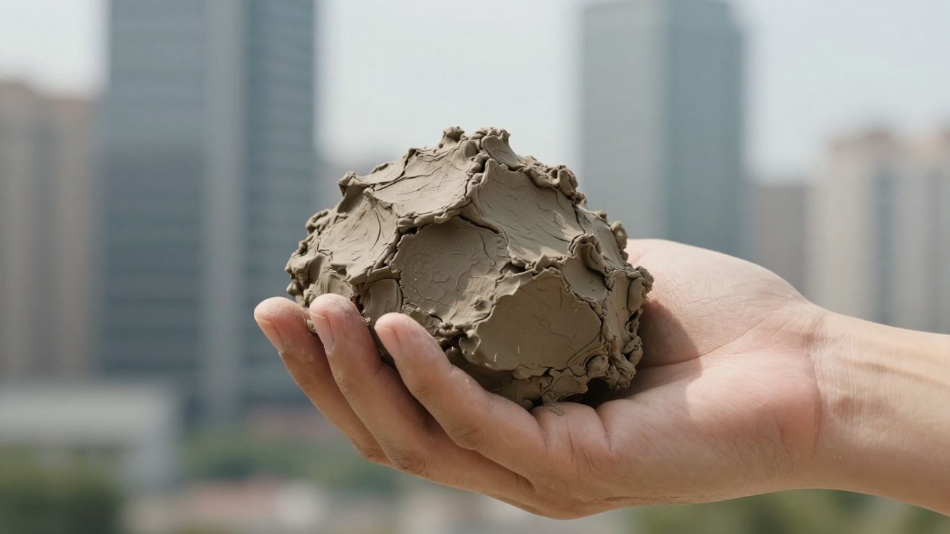 Clay being molded with business buildings blurred behind.