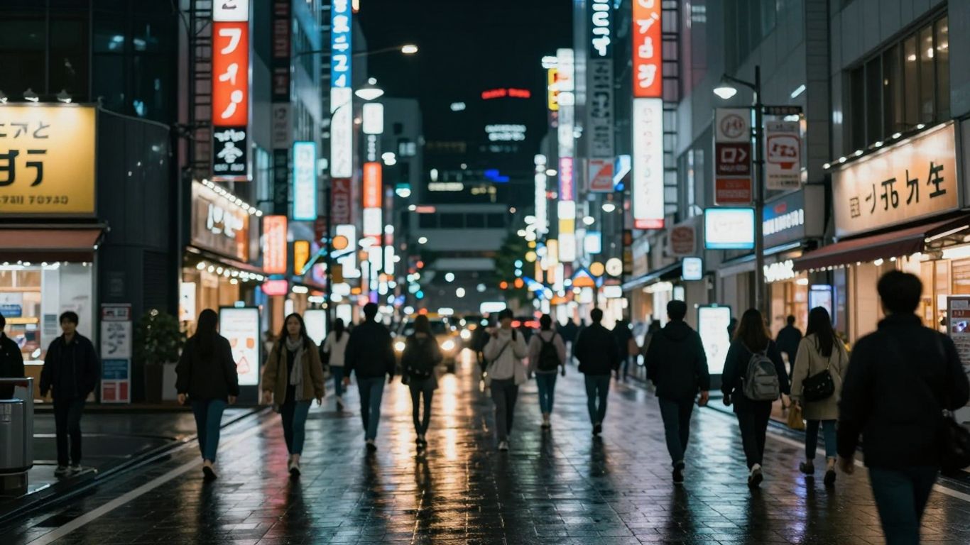 A bustling neon-lit street in Japan
