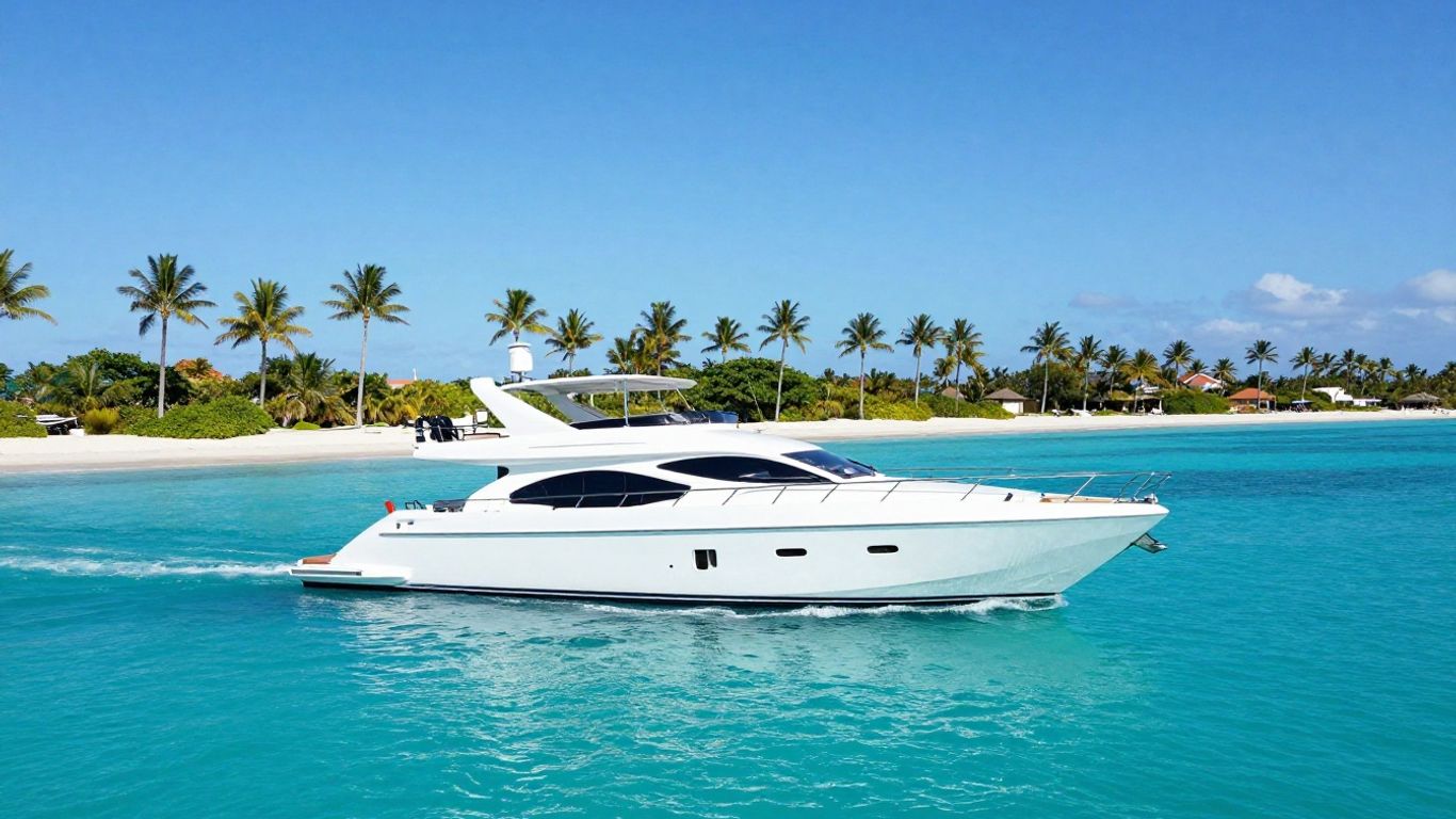 Luxury yacht sailing in clear turquoise Bahamian waters.