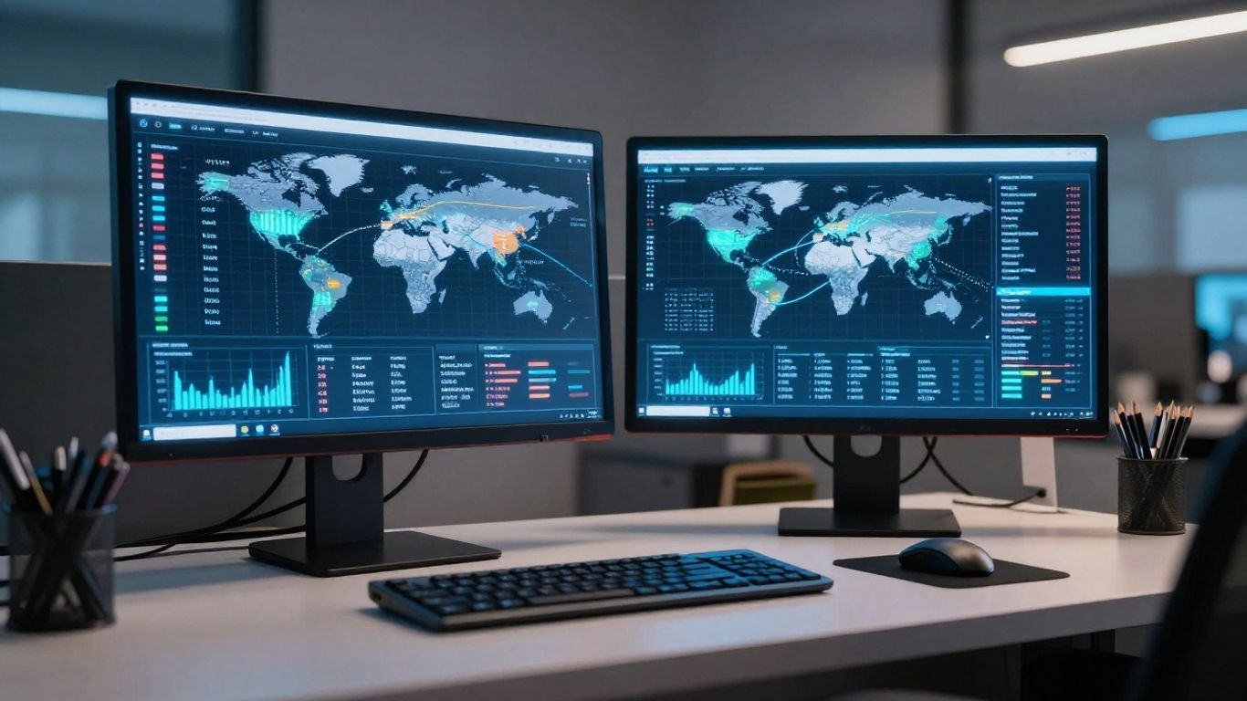 A diverse professional workspace with multiple screens showing global travel maps and complex data visualizations reflecting the infrastructure of modern booking platforms.
