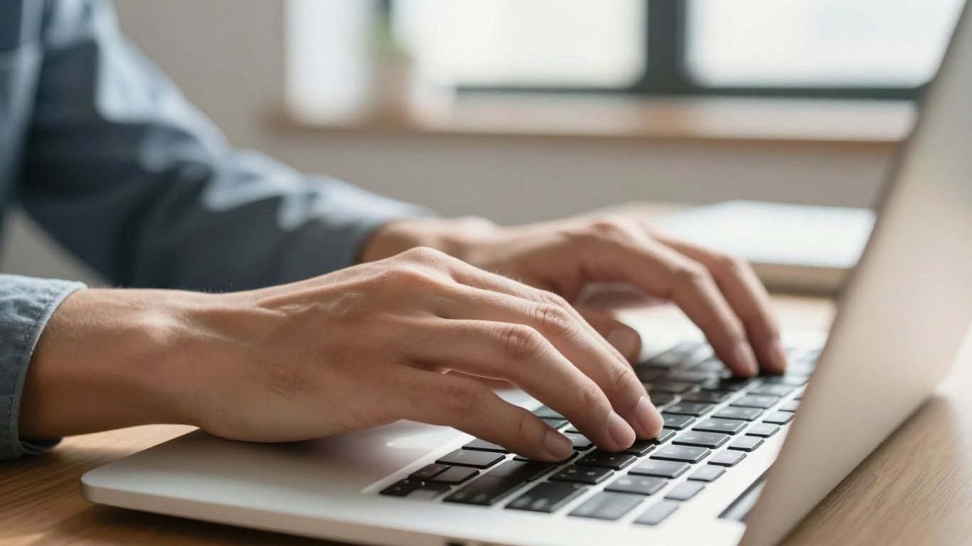 Hands typing on a laptop keyboard for Amazon keyword research.