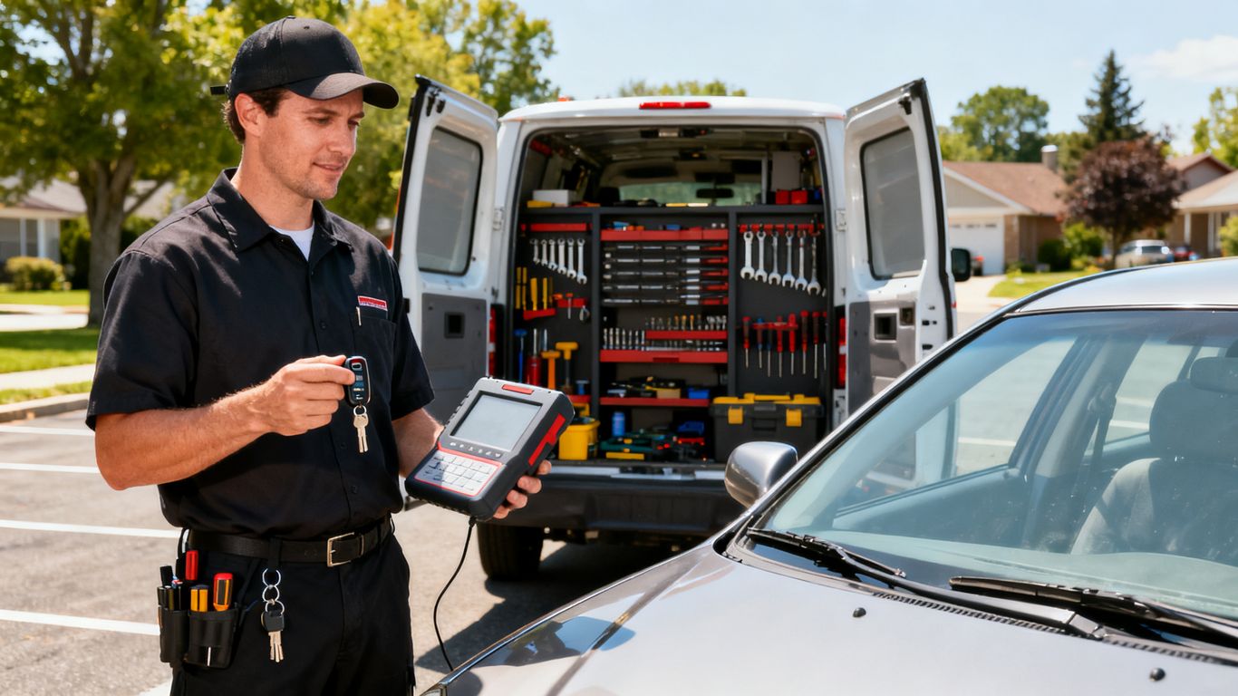 Mobile locksmith working beside parked car