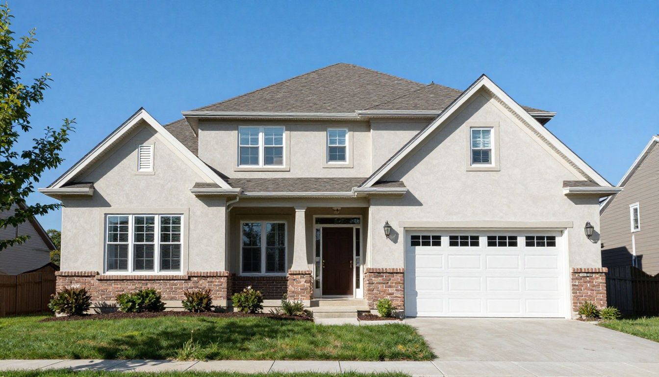A well-maintained suburban house in the Chicago area with a smooth, high-quality stucco exterior, showcasing durability against a clear blue sky