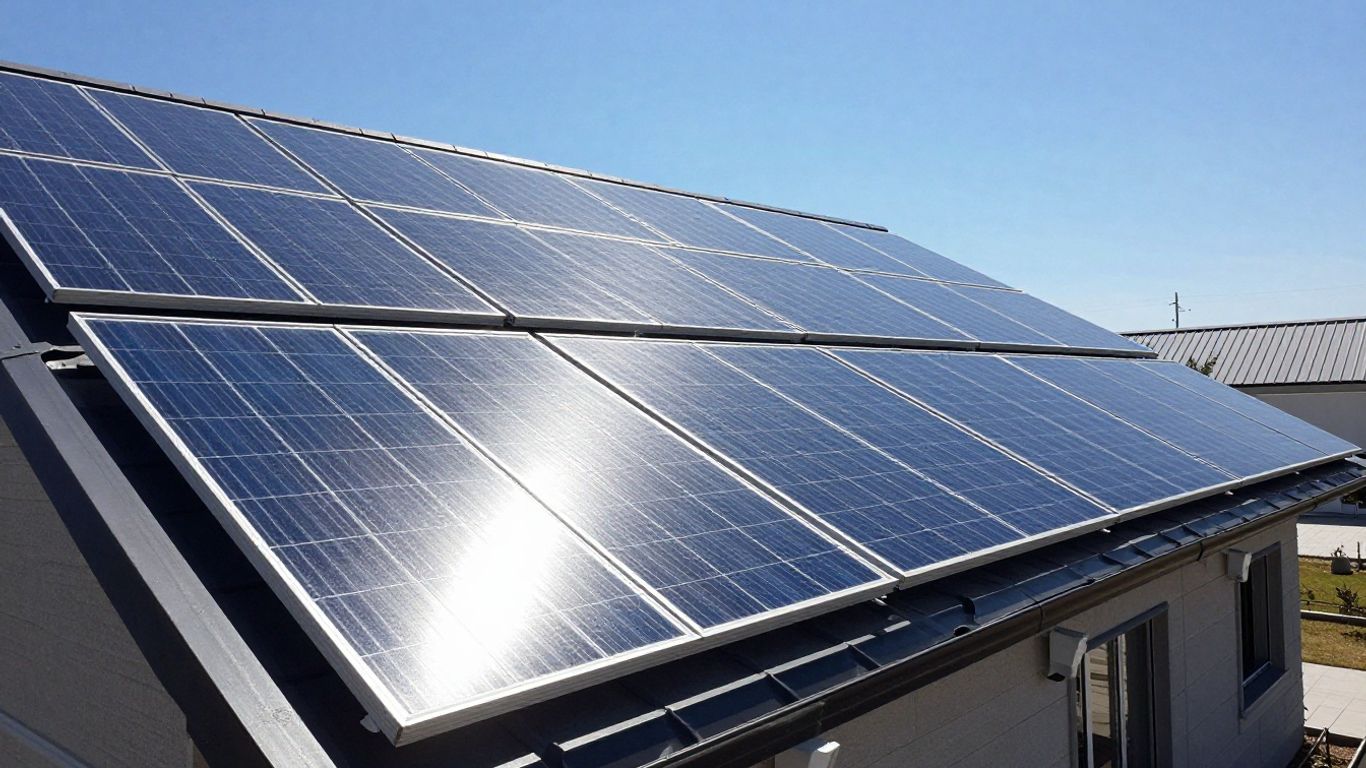 Solar panels on a sunny roof.