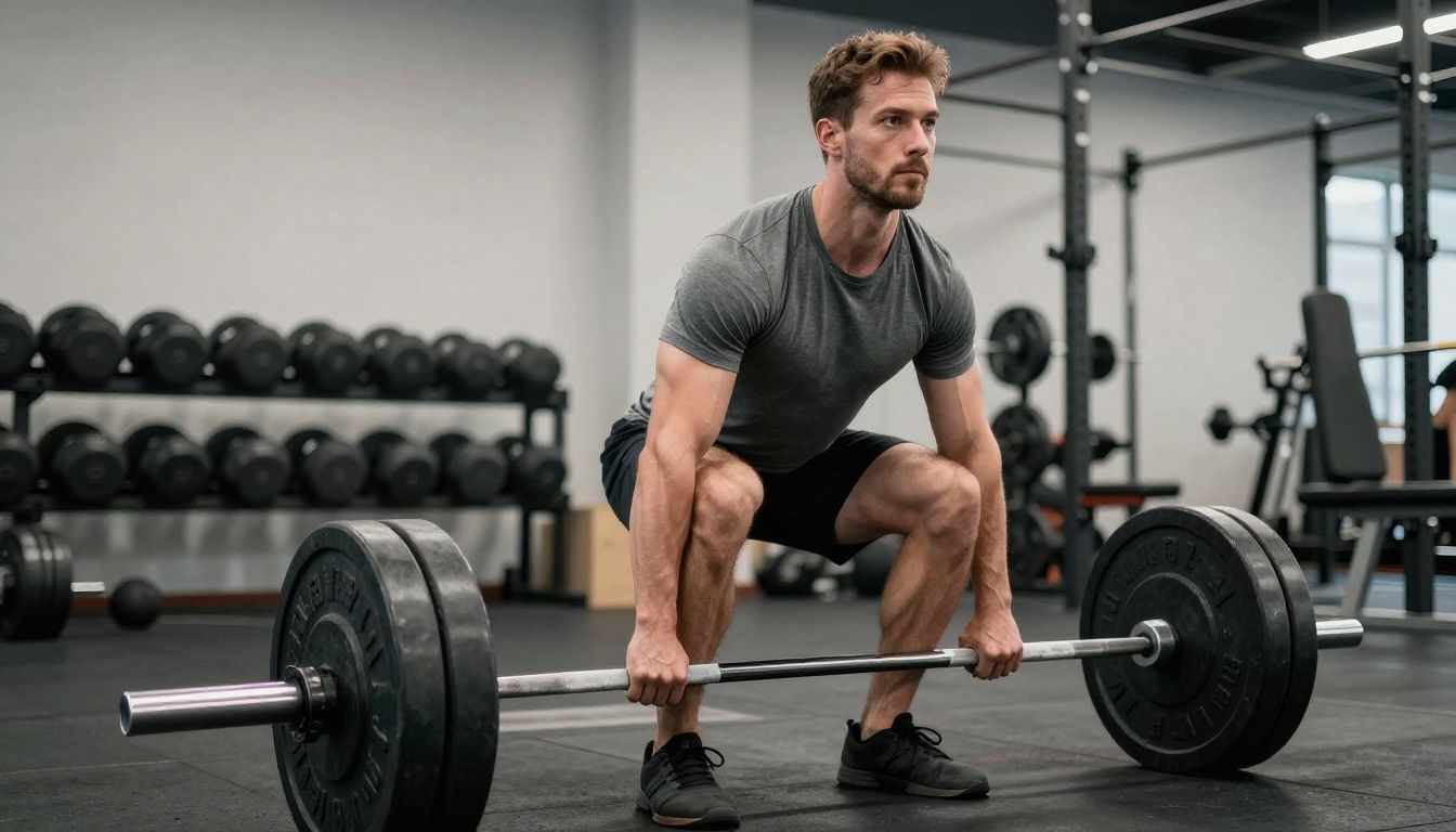 A fit man in his 40s performing a heavy deadlift in a clean, modern gym, looking focused and strong.